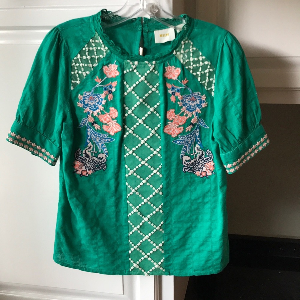 Anthropologie emerald green embroidered blouse